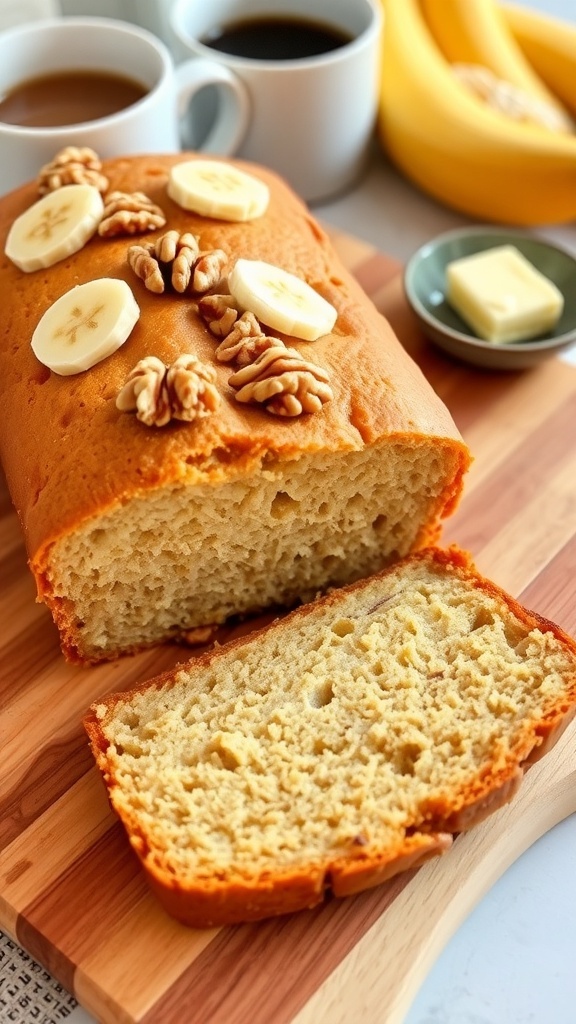 A loaf of moist applesauce banana bread sliced, garnished with banana slices and walnuts, on a wooden cutting board.